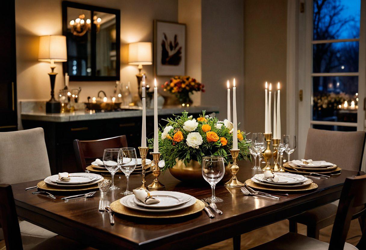 A beautifully styled dining table featuring gourmet dishes inspired by classic Cook County recipes, with elegant tableware and soft candlelight enhancing the ambiance. Include a backdrop of a cozy, modern kitchen with chefs at work, showcasing a blend of tradition and innovation. Capture the essence of fine dining in a warm and inviting atmosphere. super-realistic. vibrant colors. soft focus.