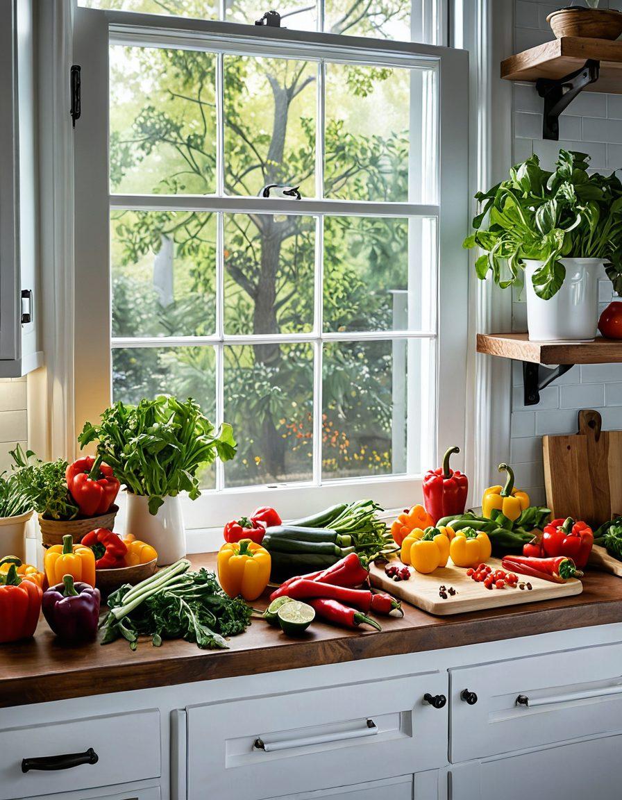 A vibrant, colorful kitchen scene filled with fresh seasonal fruits and vegetables on a wooden countertop. Incorporate a rustic cookbook open to a delicious recipe, with ingredients like colorful peppers, leafy greens, and herbs artfully arranged around it. Add a hint of kitchen tools like chopping boards and knives to emphasize cooking hacks. Soft natural light streaming through a window, creating an inviting atmosphere. super-realistic. vibrant colors. warm ambiance.