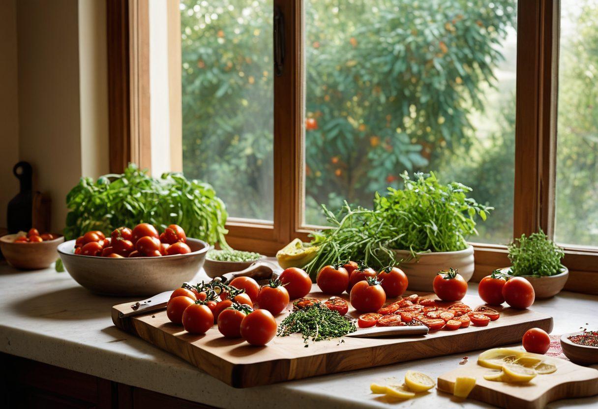A vibrant kitchen scene showcasing fresh seasonal ingredients like tomatoes, herbs, and spices, with an open cookbook displaying colorful recipes. A wooden cutting board and a chef's knife are prominently featured, hinting at the preparation of a delicious meal. Soft natural light streams through a window, creating a warm and inviting atmosphere. super-realistic. vibrant colors.